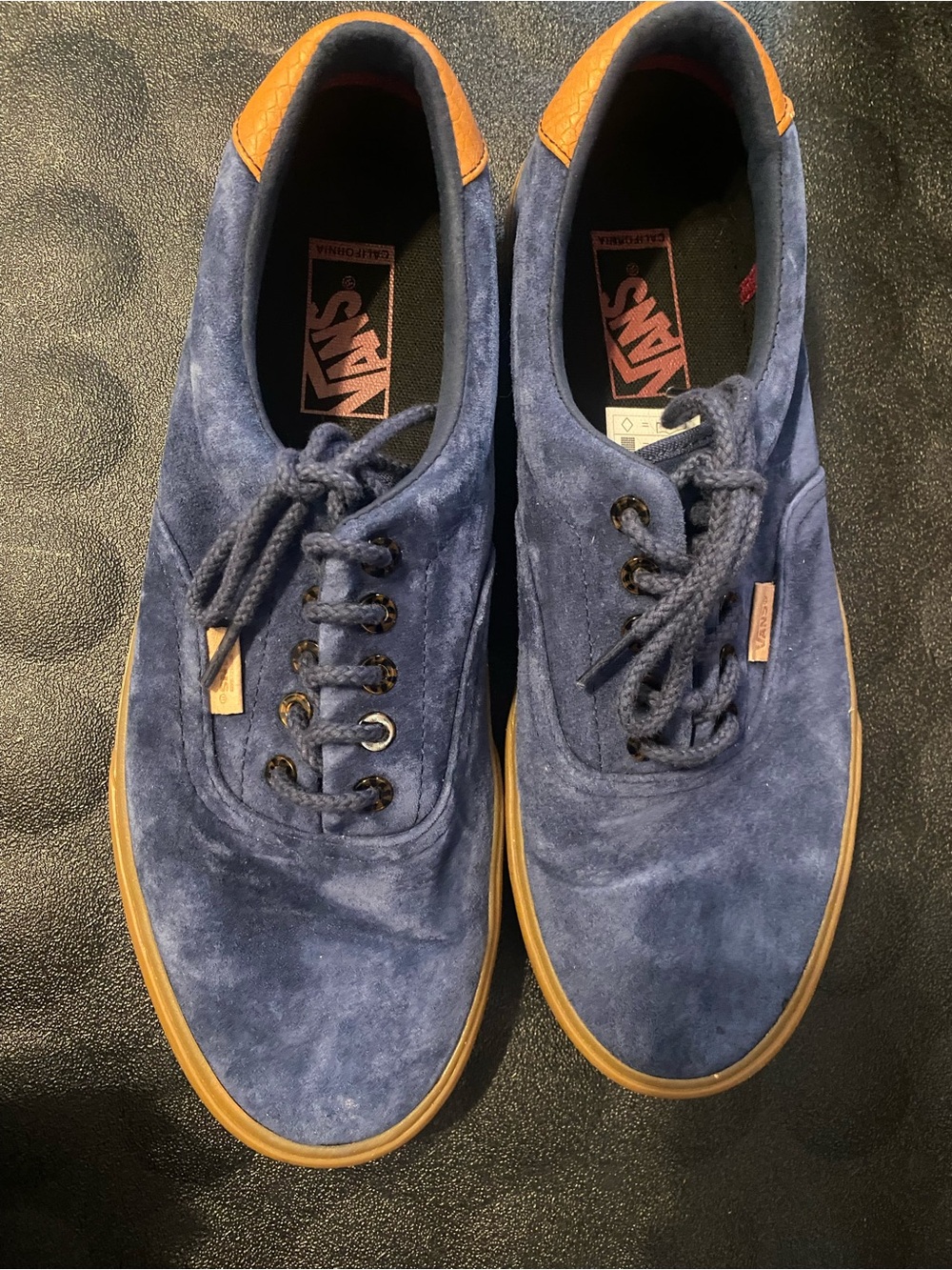 Vans Navy Suede Sneakers with Tan Heel and Gum Sole